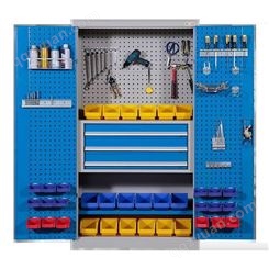 蓝色带挂网带三抽屉工具柜重型车间工具储存柜零件五金