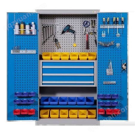 蓝色带挂网带三抽屉工具柜重型车间工具储存柜零件五金